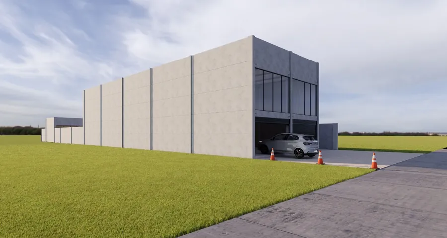 Galpão comercial alongado — Fachada e lateral